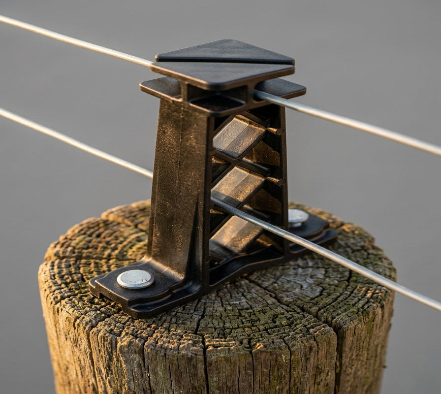 Wood post electric fence tower insulator